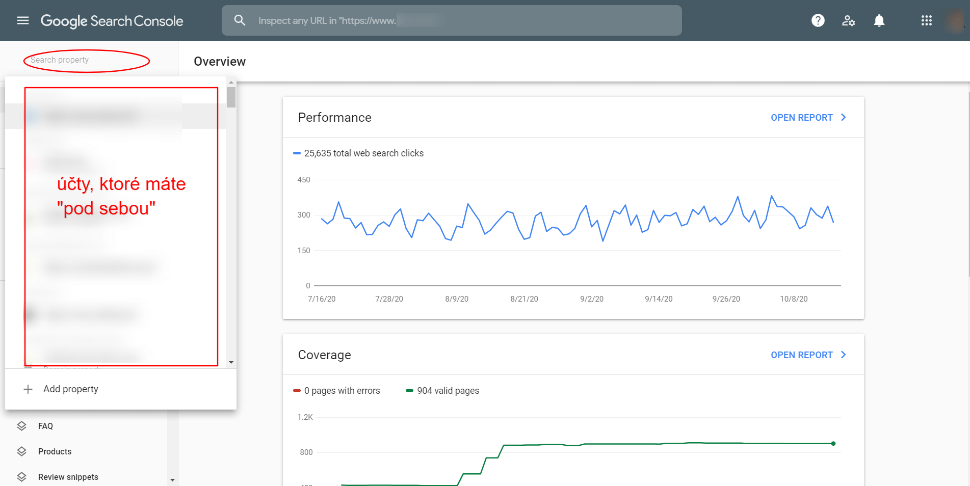 Účty, ktoré máte "pod sebou" (vaším emailom) v Google Search Console. Správna taktika je, aby ste všetky vaše projekty/weby mali pod sebou, aj keď vám web robil niekto iný. Mať všetko u seba (byť vlastník Google Analytics, Search Console, Tag Manager, atď)