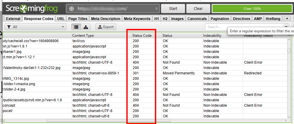 prehľad stavových kódov pri SEO audite webu v nástroji Screaming Frog