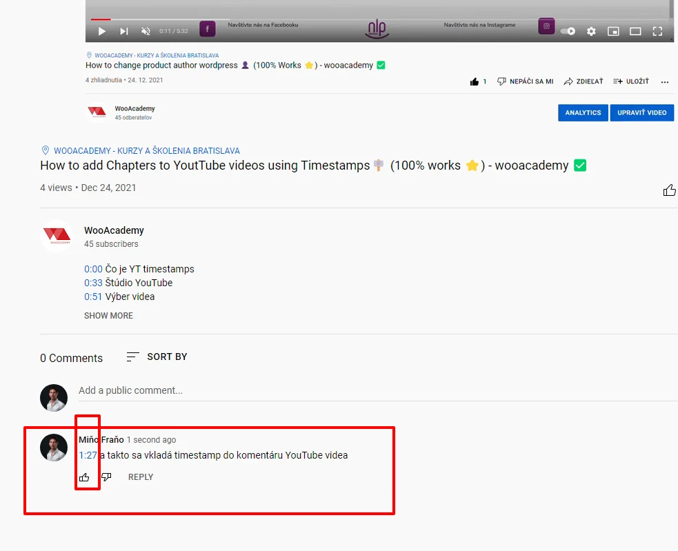 timestamp komentár youtube